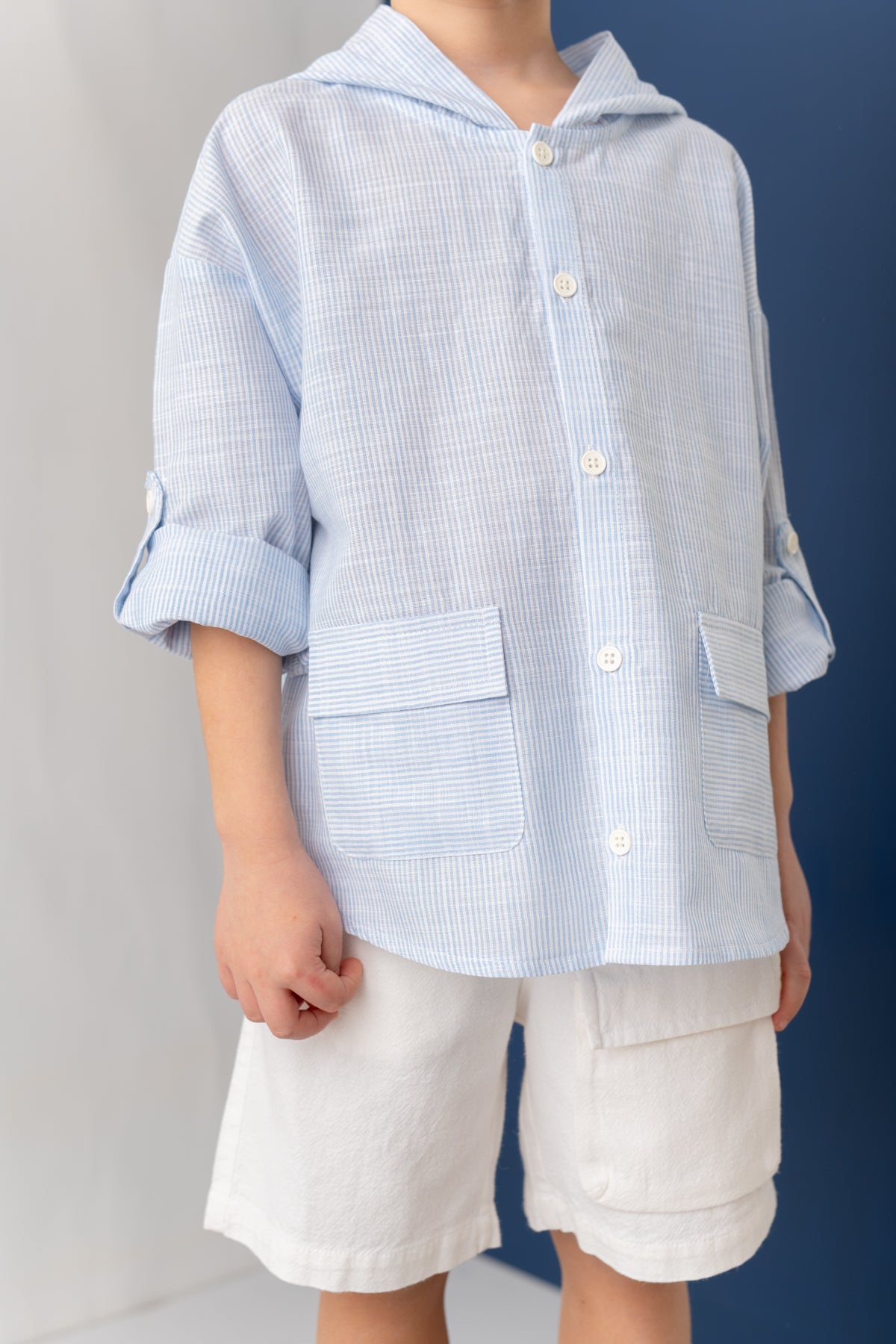Linen Blue Stripe Hooded Shirt