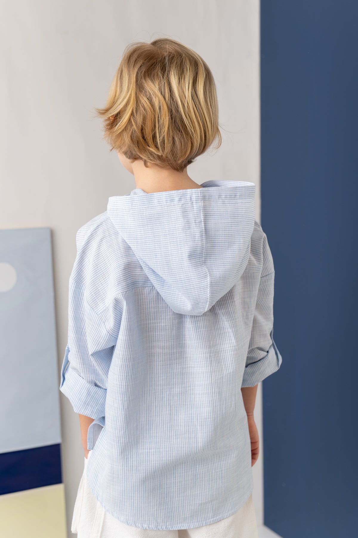Linen Blue Stripe Hooded Shirt
