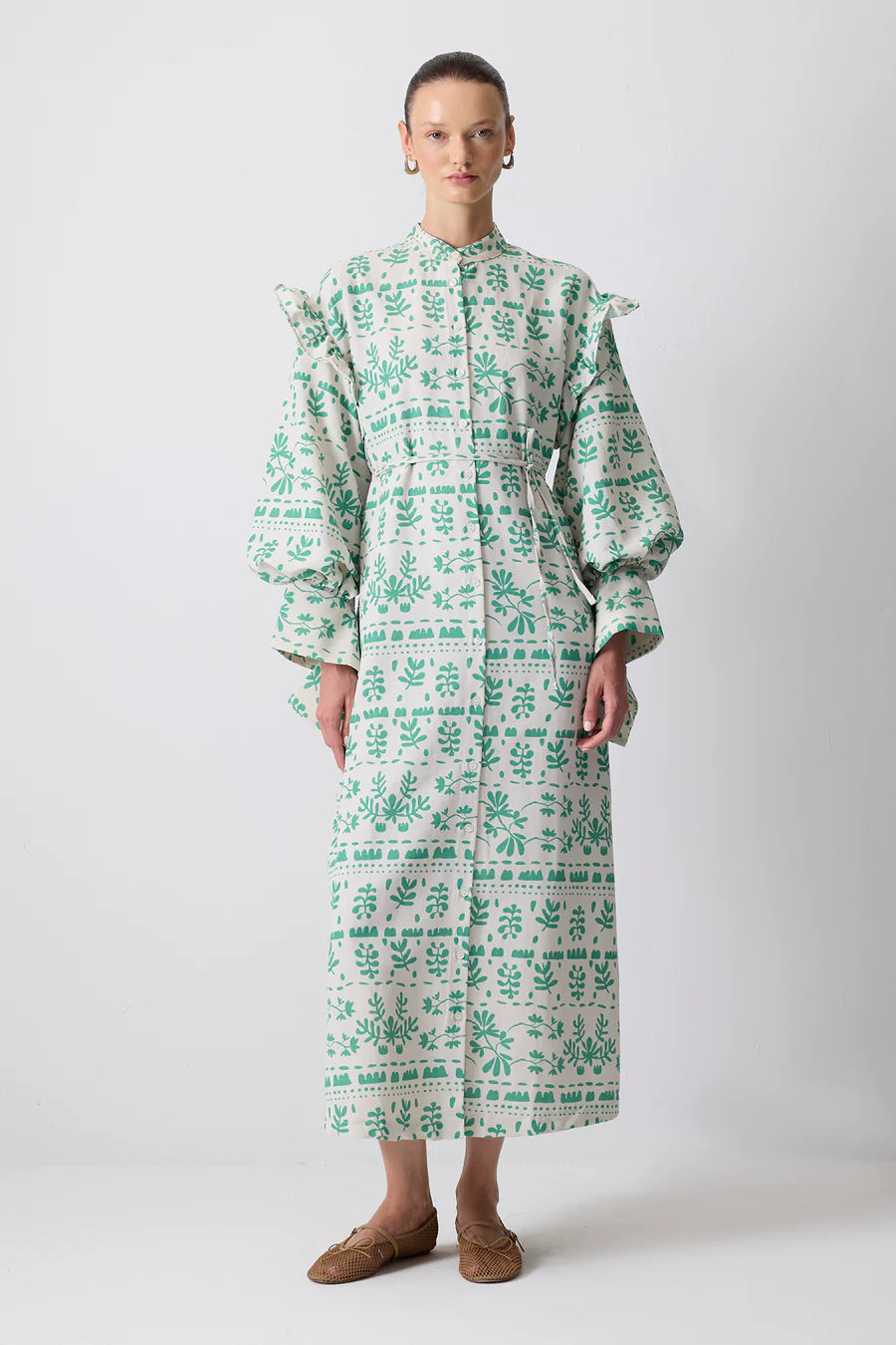 Linen Textured Green Patterned Dress
