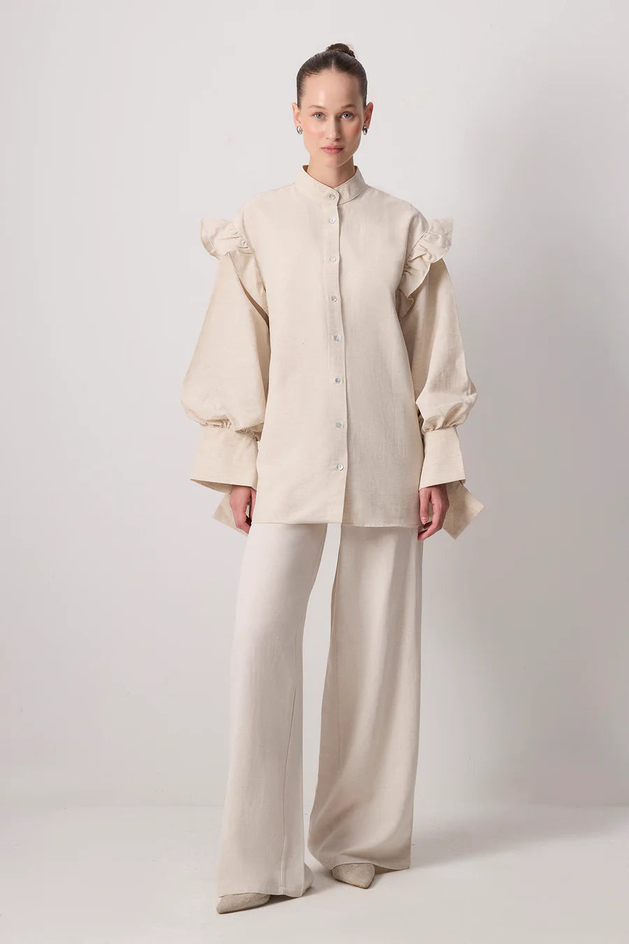 Linen Textured Ruffle Shirt