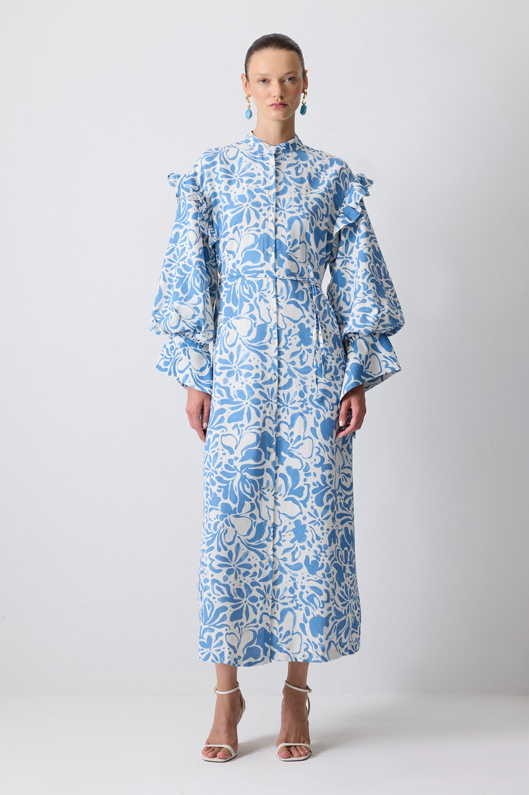 Linen Textured Blue Patterned Dress