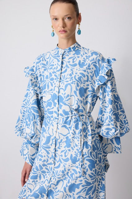 Linen Textured Blue Patterned Dress