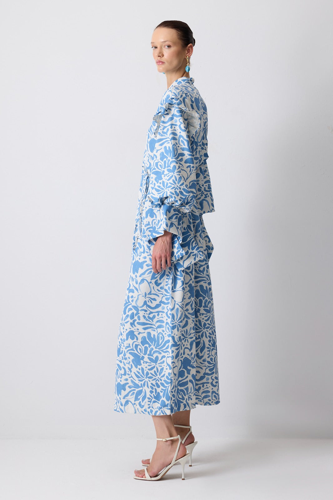 Linen Textured Blue Patterned Dress