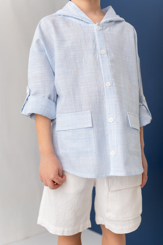 Linen Blue Stripe Hooded Shirt