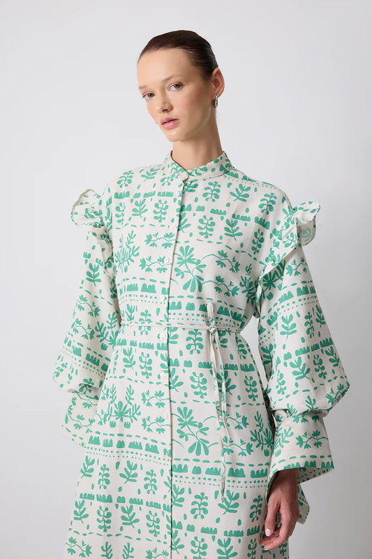 Linen Textured Green Patterned Dress