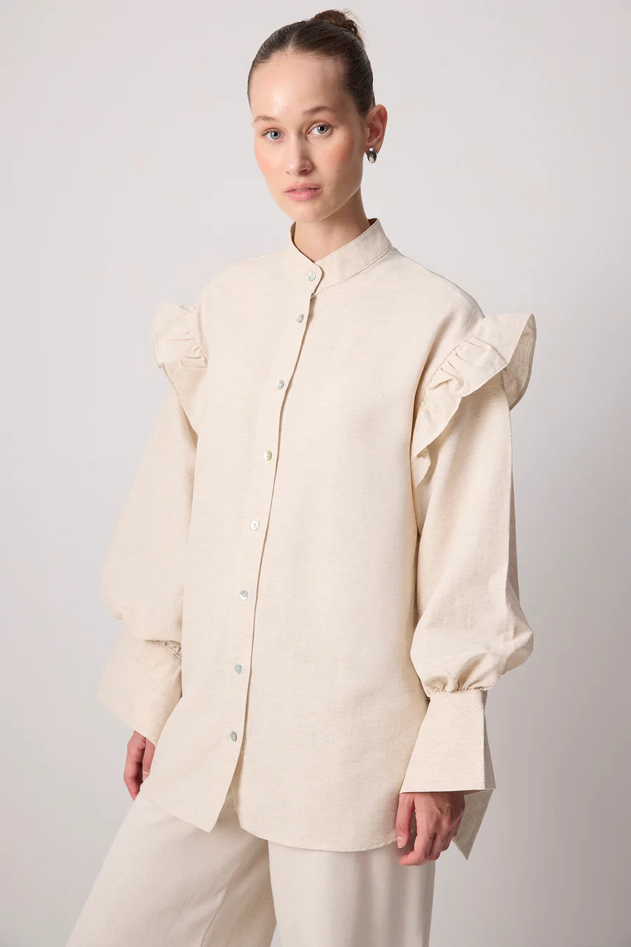 Linen Textured Ruffle Shirt